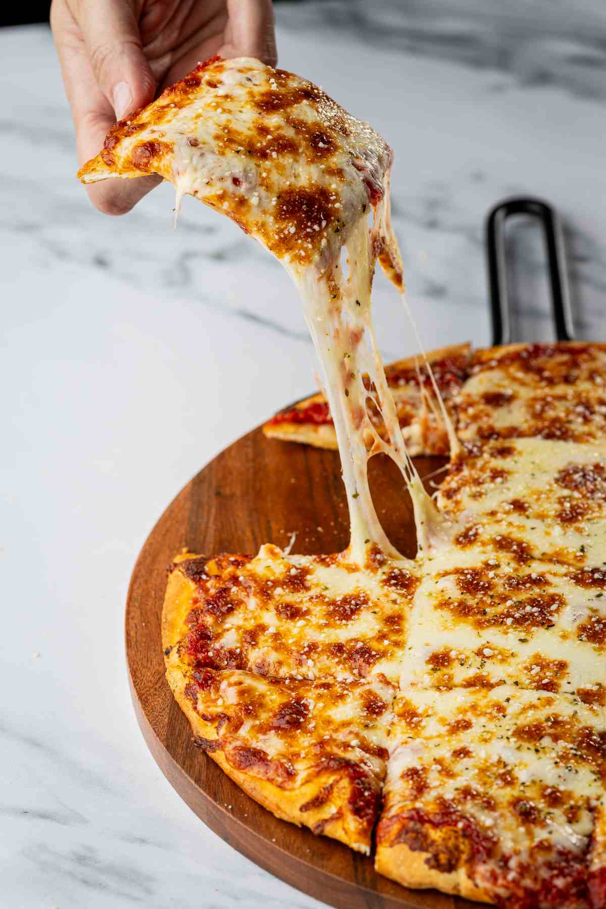 Rosati's whole milk mozzarella pizza cheese pull