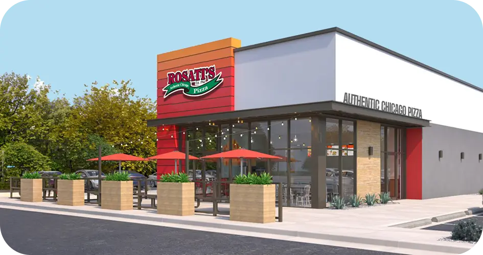 Rendering of Rosati’s Pizza storefront with patio seating and Authentic Chicago Pizza signage